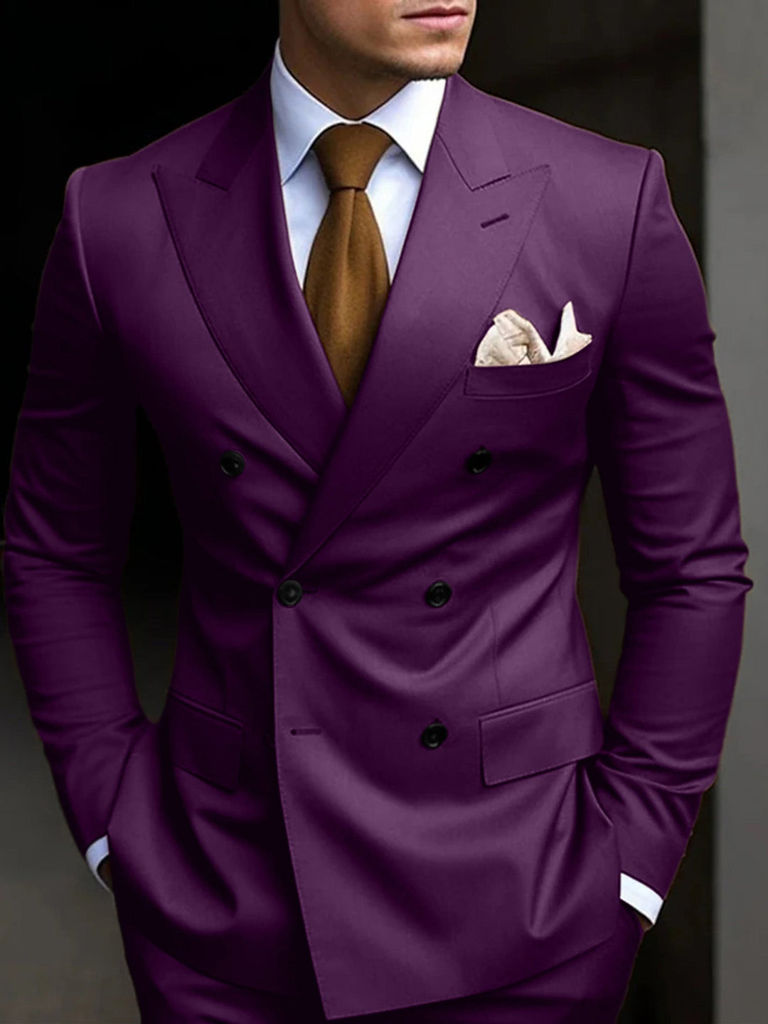 Men's double-breasted suit, tailored 2-piece, perfect for formal events, business, & confident menswear style.