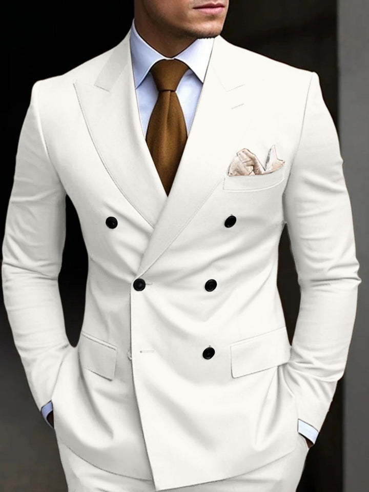 Modern classic men's double-breasted tailored suit, 2-piece for contemporary elegant fashion & event wear.
