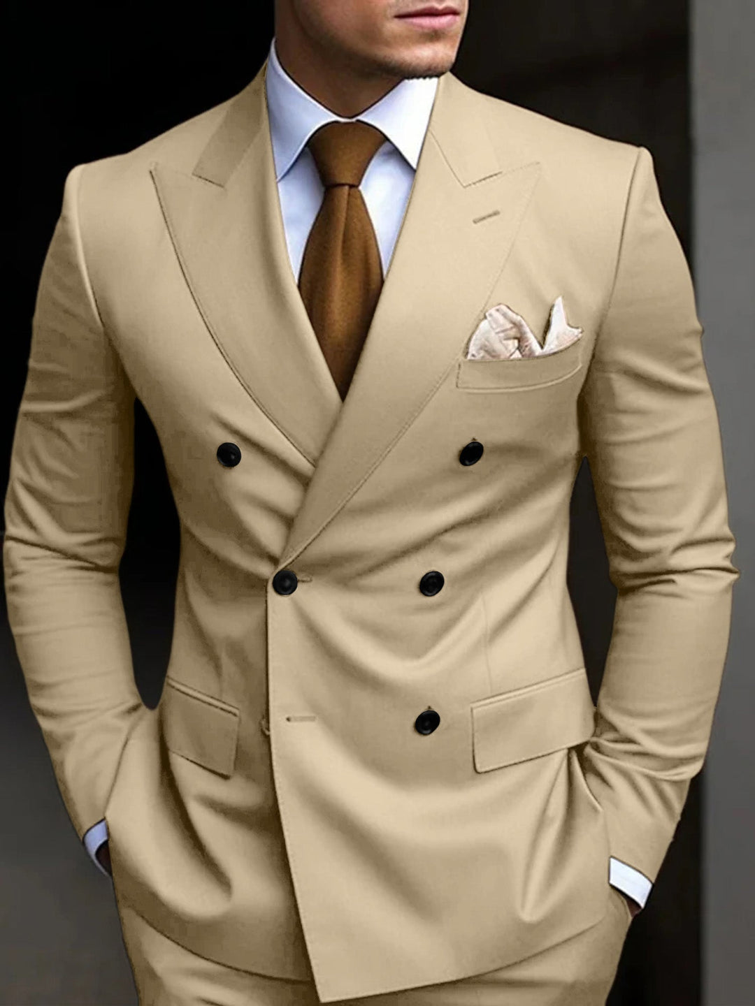 Close-up of premium tailored double-breasted suit, 2-piece men's formal wear for business & events.
