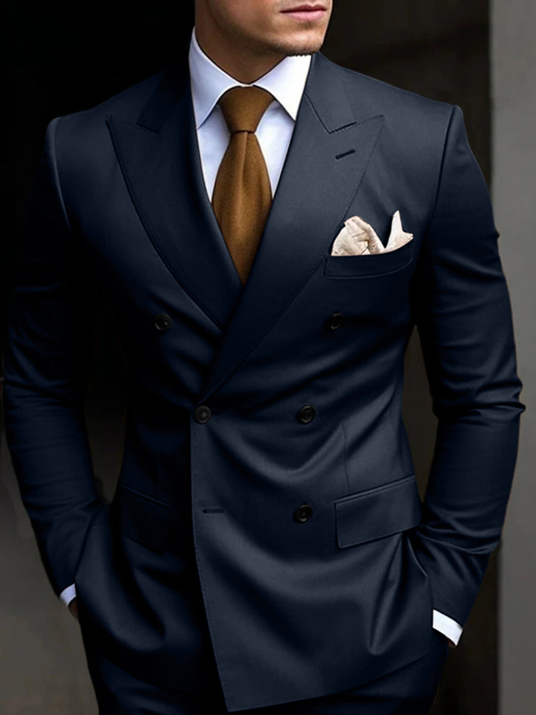 Professional men's double-breasted business suit, tailored 2-piece ideal for office, meetings, & events.
