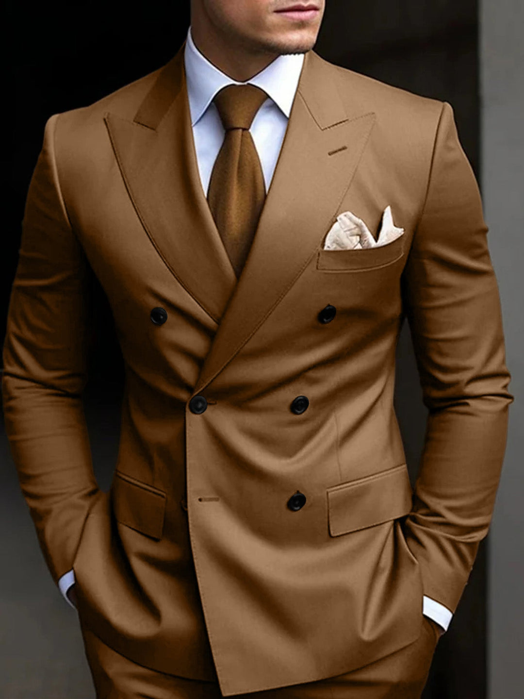 Stylish men's double-breasted wedding suit, tailored 2-piece for a memorable groom's or guest's look.