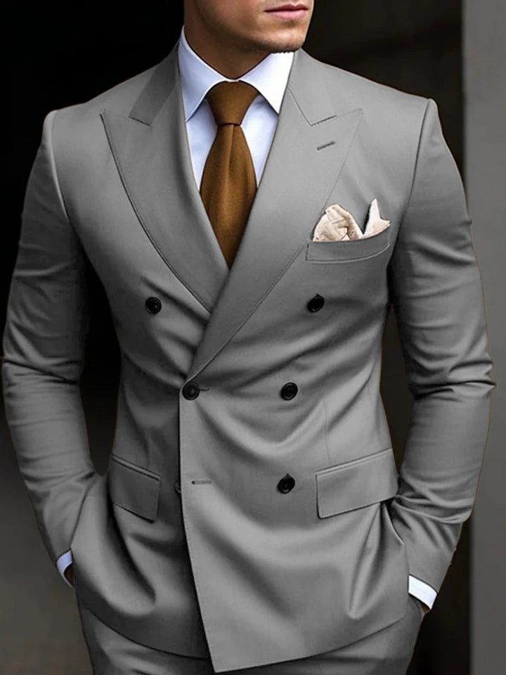 Sharply tailored men's double-breasted suit, 2-piece modern fit for elegant menswear & formal events.