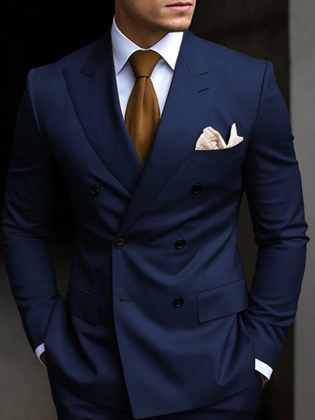 Classic men's double-breasted suit, perfectly tailored 2-piece for timeless formal occasions & menswear.