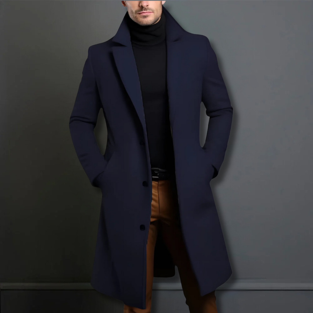 Versatile men's classic tailored overcoat, elegant long outerwear for formal, business, and smart casual occasions.