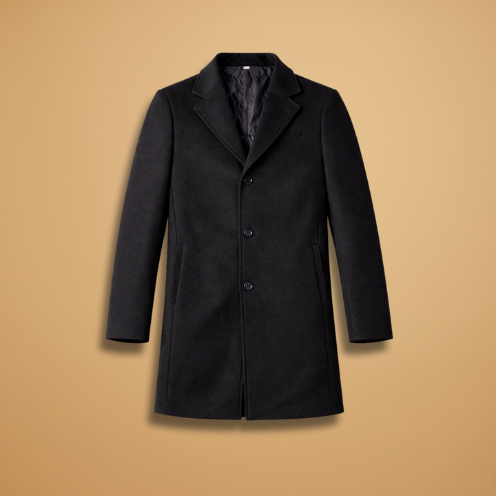Men's classic tailored overcoat in charcoal grey, perfect for formal wear and winter warmth.