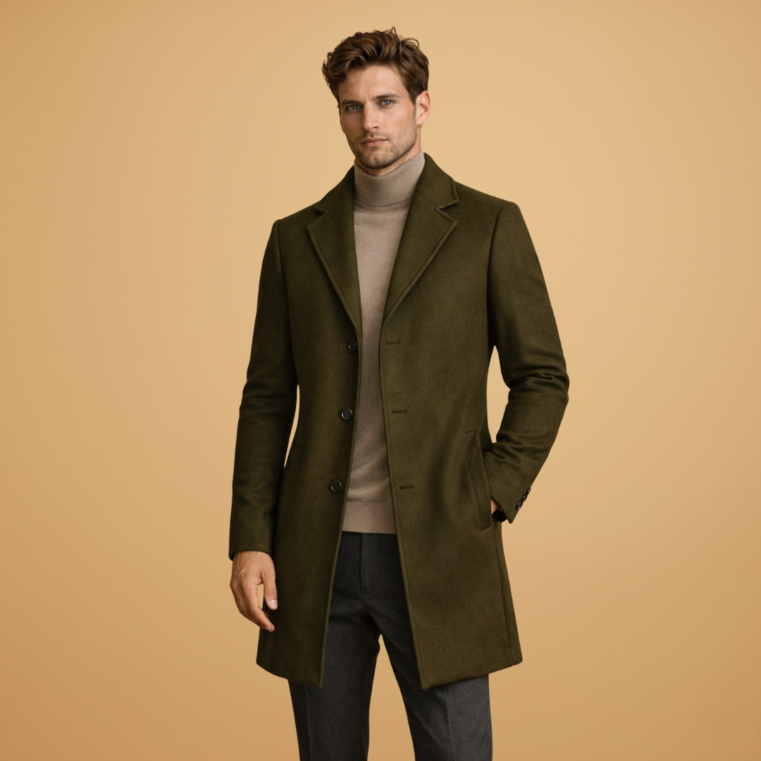 Front view of a men's elegant overcoat, emphasizing its timeless and sophisticated design.