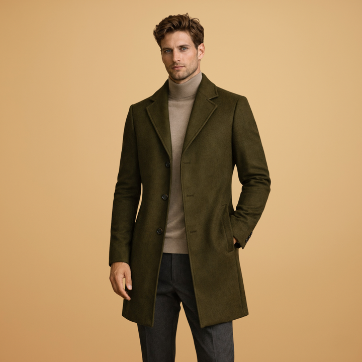 Front view of a men's elegant overcoat, emphasizing its timeless and sophisticated design.