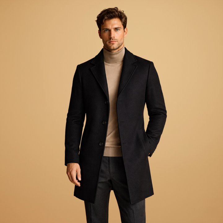 Close-up of the sophisticated button-up closure on a men's classic tailored overcoat.