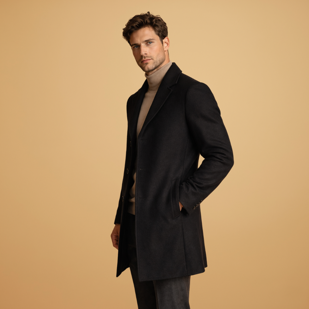 Back view of a men's timeless style overcoat, showcasing its clean, tailored silhouette.