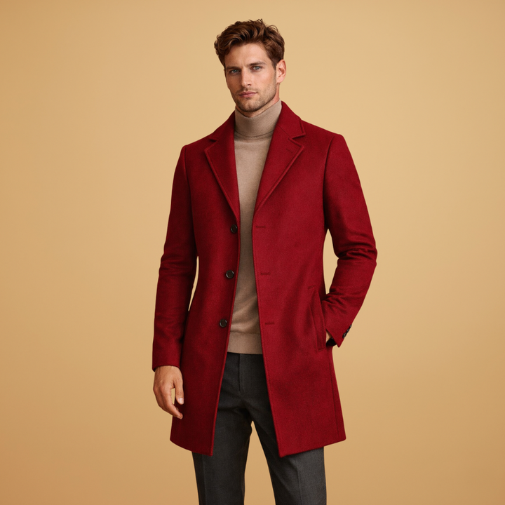 Side profile of a men's tailored jacket, highlighting its elegant and refined cut.