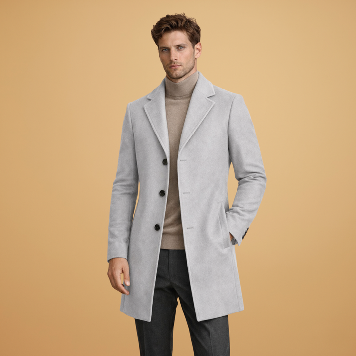 Men's warm winter coat with a traditional notched lapel and button fastening.