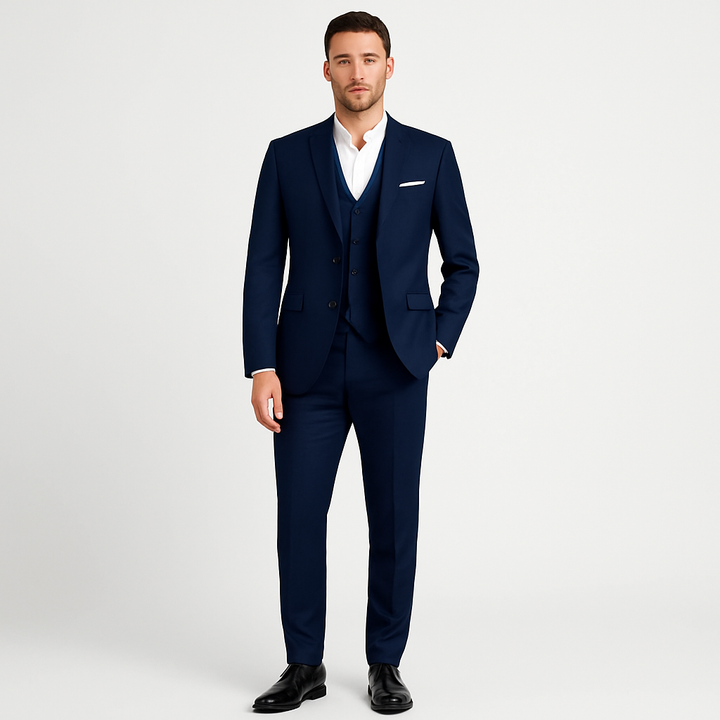 Men's classic tailored suit set in modern fit, perfect for business attire & formal wear.