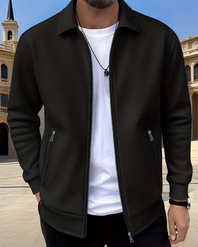 Man wearing a classic textured athletic jacket, suitable for everyday wear, casual outings, and sporty style.