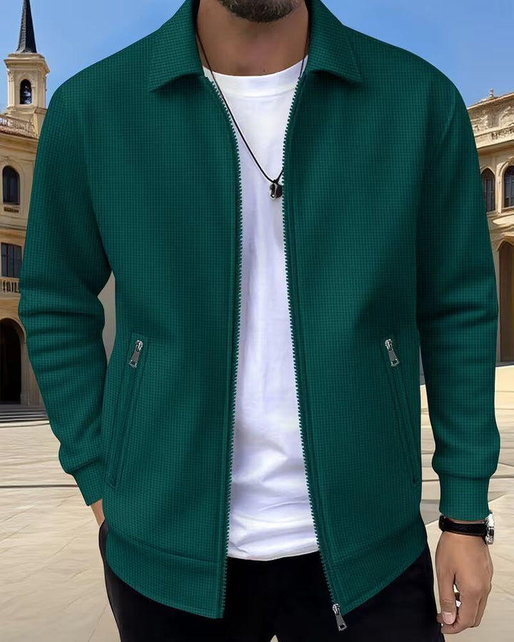 Modern men's textured athletic jacket for a sleek, sporty look. Essential men's outerwear for casual & active lifestyles.