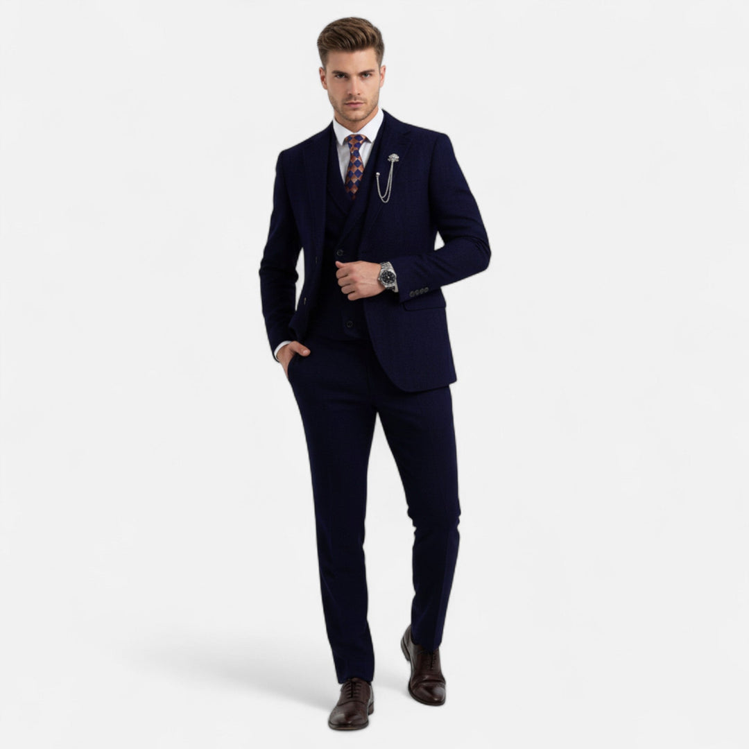 Men's classic three-piece suit in charcoal grey herringbone tweed look