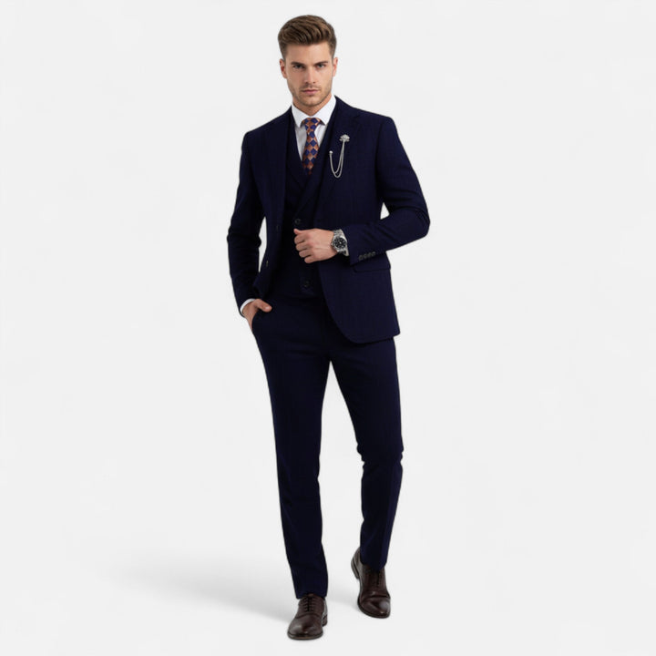 Men's classic three-piece suit in charcoal grey herringbone tweed look