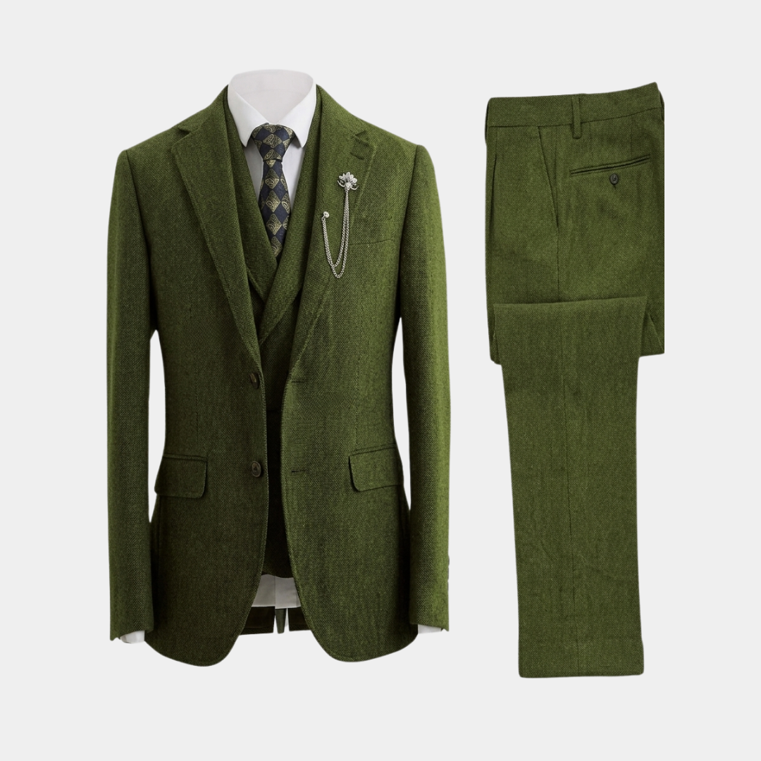 Men's event wear: a sophisticated three-piece suit in a tweed aesthetic