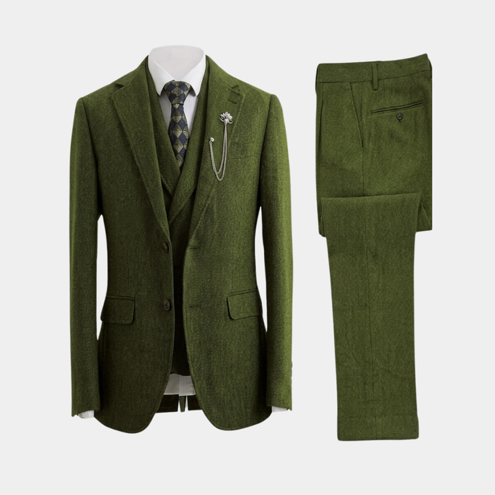Men's event wear: a sophisticated three-piece suit in a tweed aesthetic