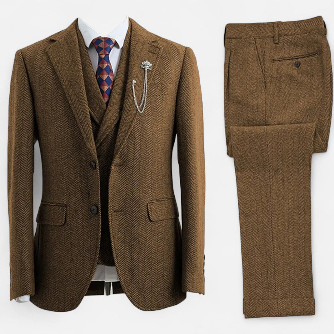 Herringbone pattern men's suit jacket and trousers for event wear