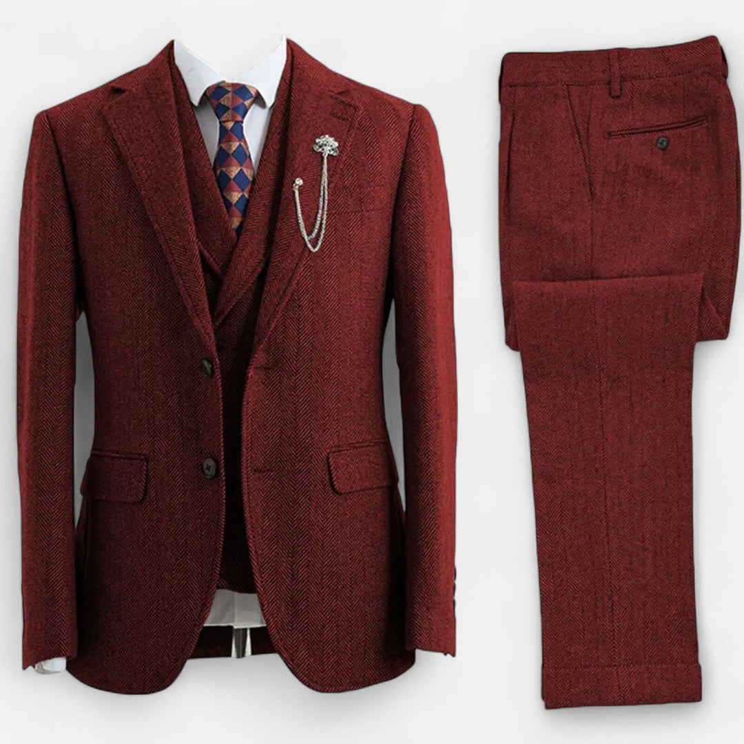 Close-up of the herringbone texture on a men's tweed-look suit