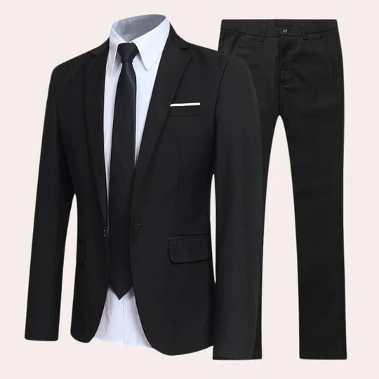 Men's classic two-piece suit with notch lapel, ideal for formal business attire & weddings.