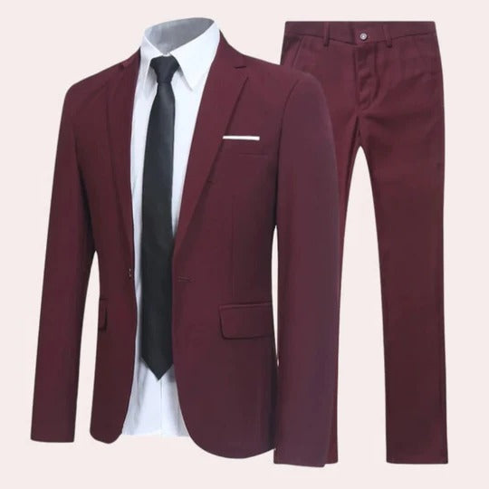 Sophisticated men's two-piece suit featuring a notch lapel, great for business, weddings & formal occasions.