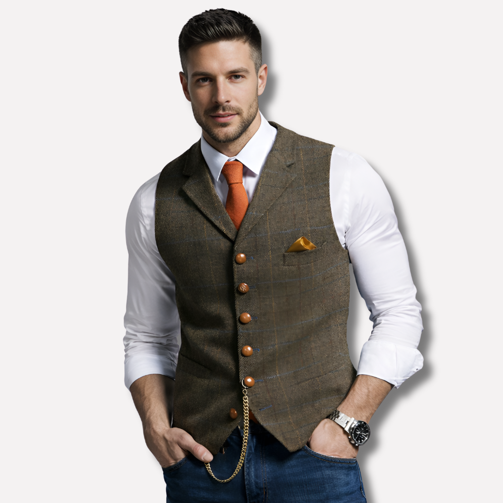 Men's classic V-neck formal vest in black, perfect for wedding attire.