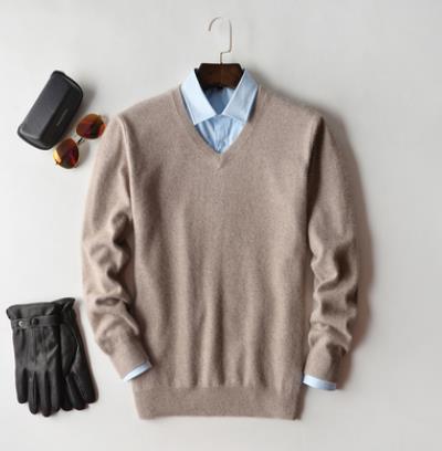 Stylish men's knit V-neck long sleeve sweater, ideal for fall fashion & winter layering.