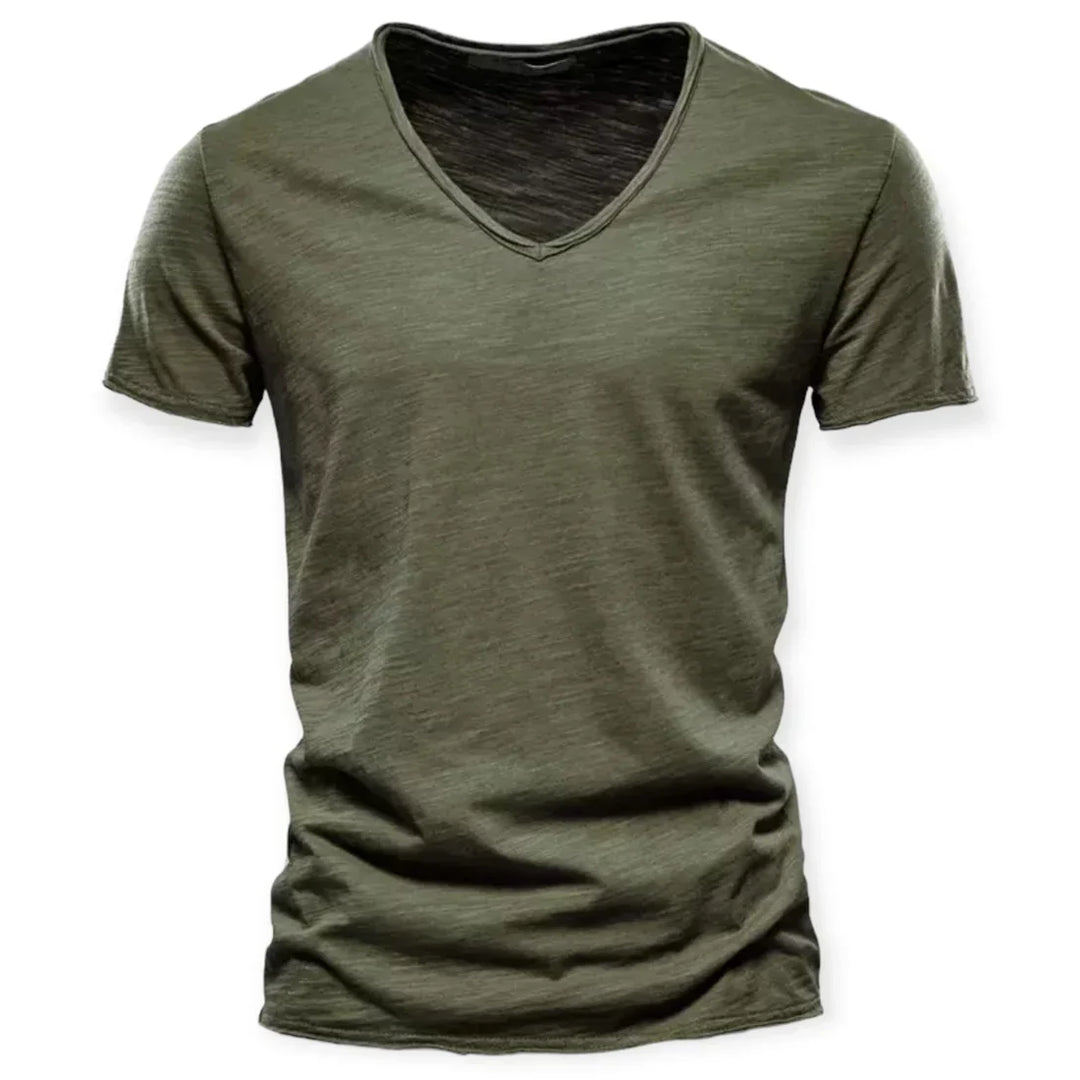 Comfortable men's V-neck t-shirt, ideal for summer layering or standalone everyday wear.