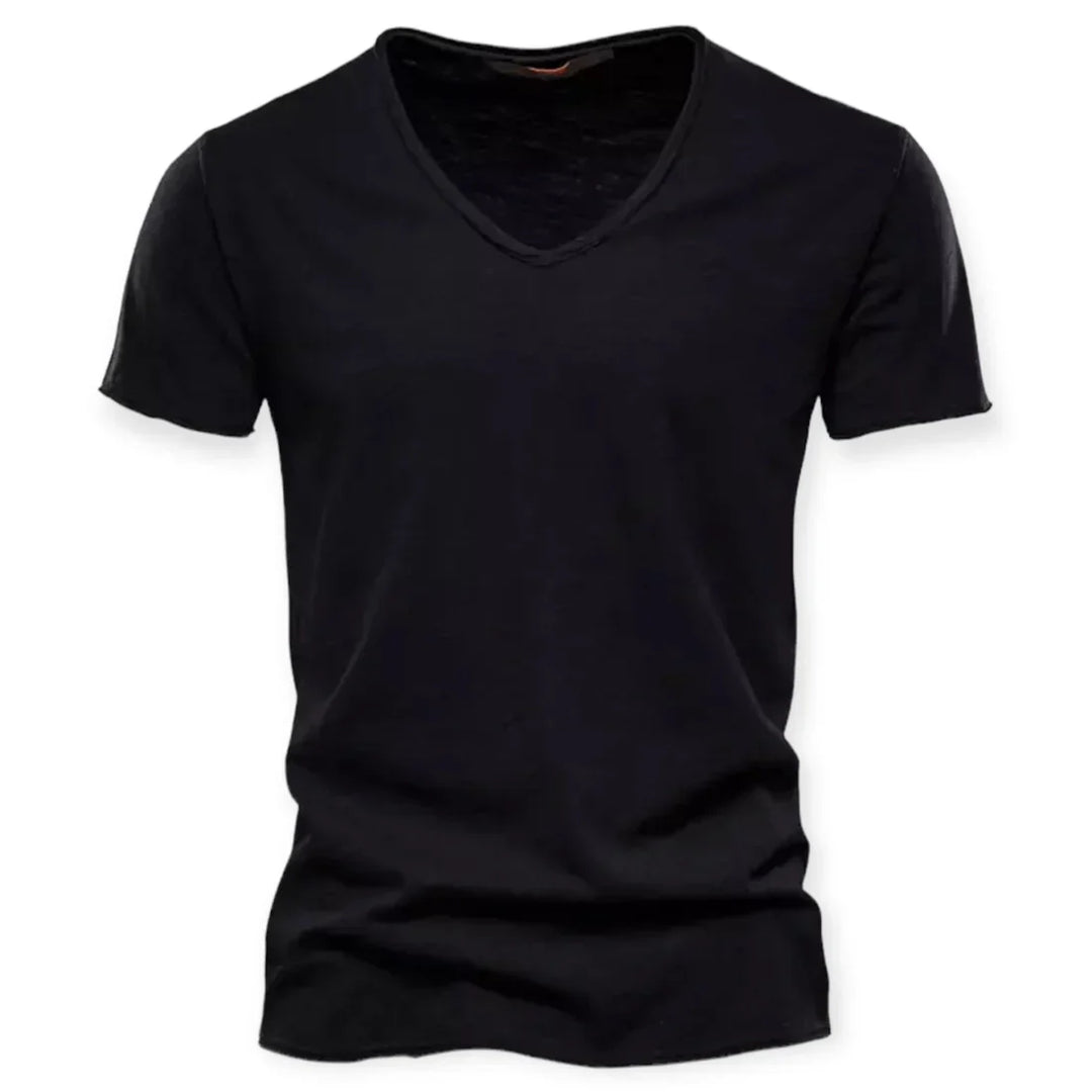Relaxed fit men's V-neck short-sleeve top, offering timeless style & ultimate comfort.