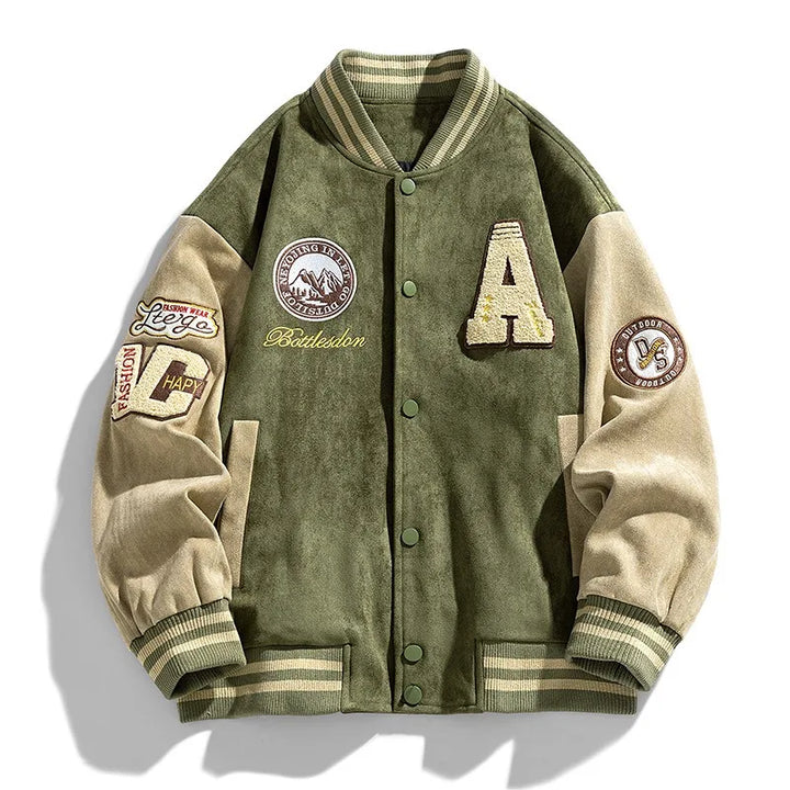Men's classic varsity bomber jacket with button-up front, ideal for casual autumn & winter fashion.