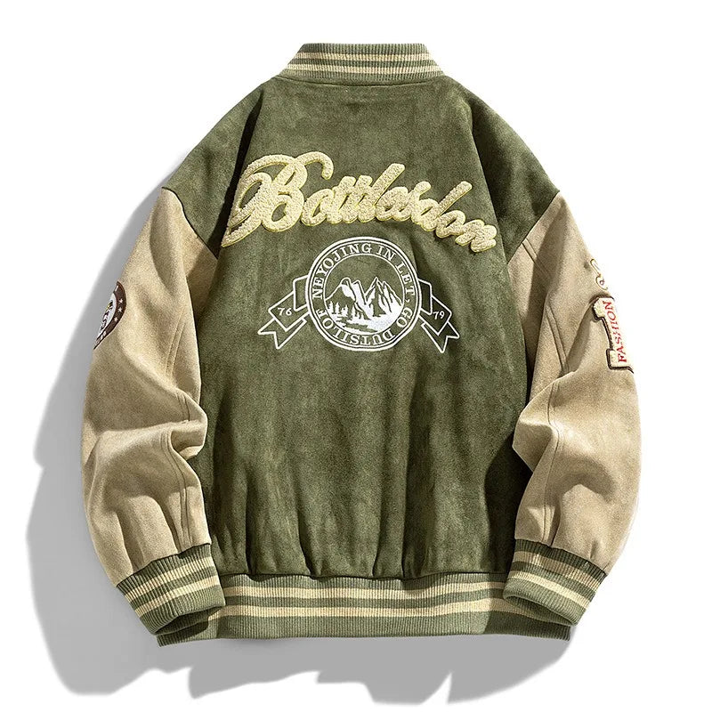 Stylish men's casual varsity bomber jacket with patch detail, perfect for streetwear & athletic style.