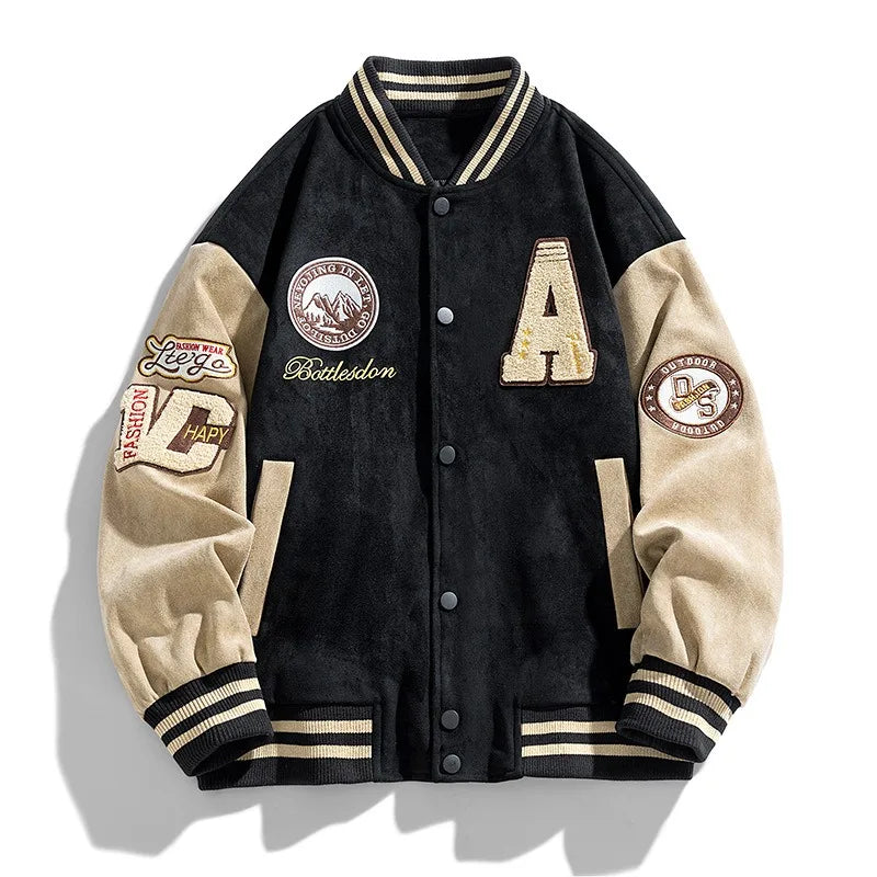 Classic men's button-up bomber jacket, a versatile varsity outerwear for men's autumn fashion.