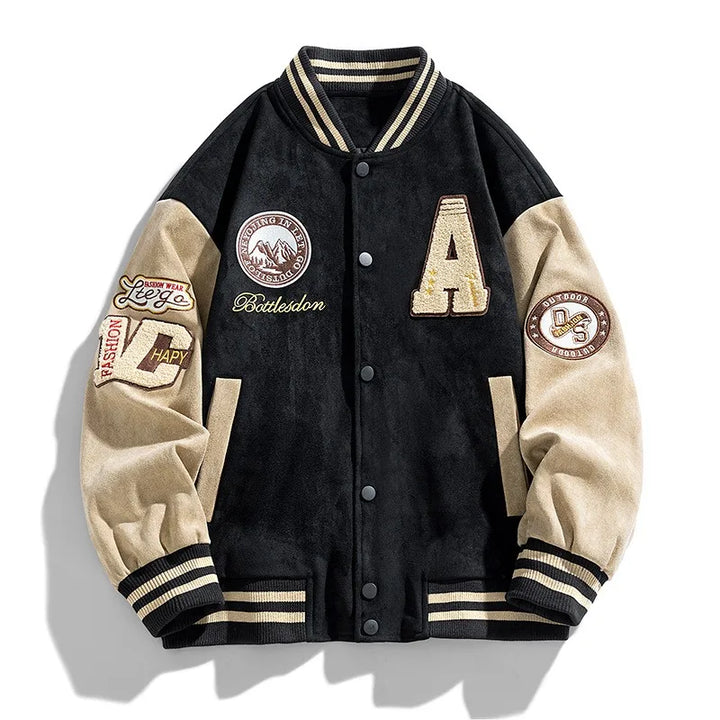 Classic men's button-up bomber jacket, a versatile varsity outerwear for men's autumn fashion.