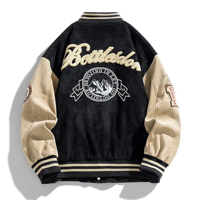 Men's athletic style varsity bomber jacket for winter/autumn, featuring button closure & patch.