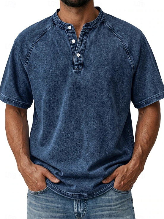 Retro-inspired men's classic button-up shirt, vintage long sleeve, smart casual fashion.