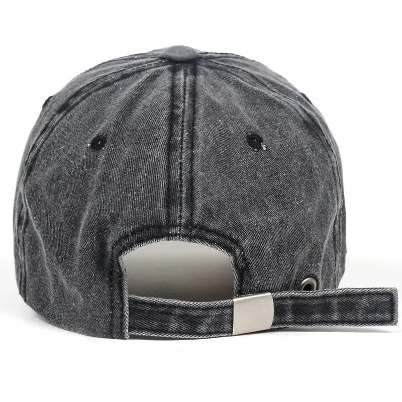 Distressed washed men's baseball cap, an adjustable dad hat ideal for casual & outdoor style.
