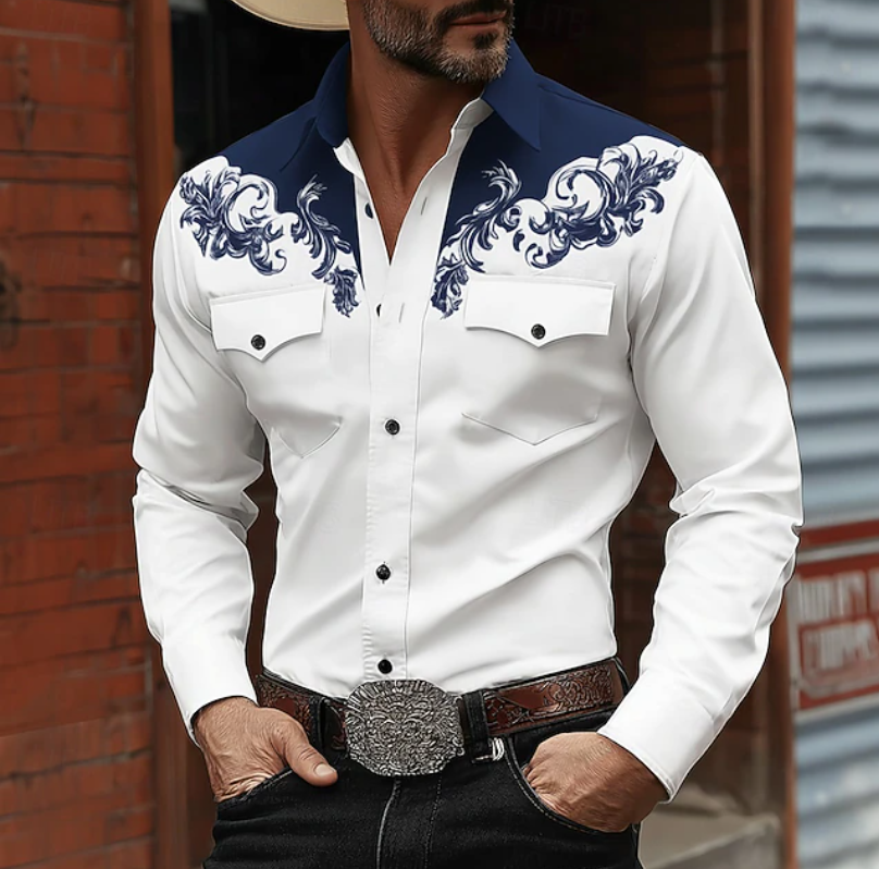 Stylish men's embroidered western shirt. Long-sleeve button-down, great for everyday casual fashion.