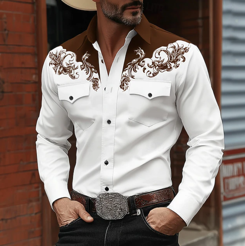 Unique men's western shirt, classic long-sleeve button-down with intricate embroidery. Fashionable top.