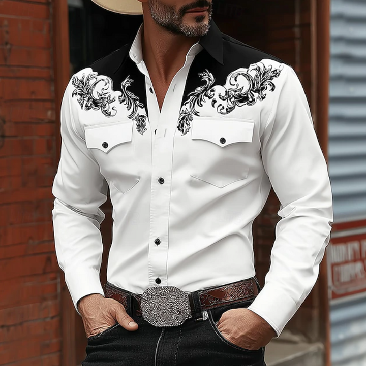 Classic men's long-sleeve western shirt with sophisticated embroidery and button-down front. Casual & stylish.