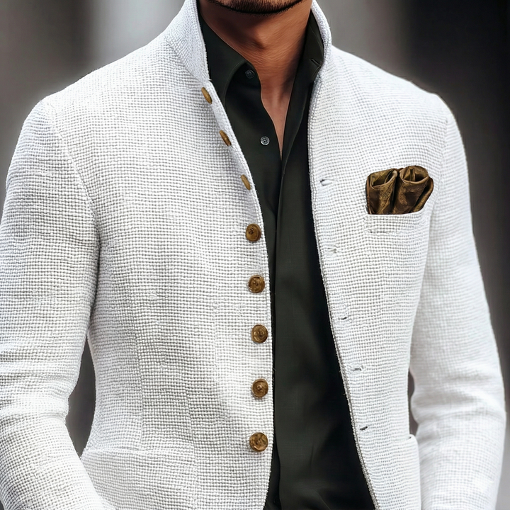 Crisp white men's classic single-breasted blazer. Tailored modern fit jacket, perfect for smart or business casual styles.