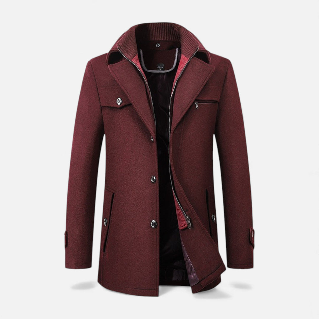 Men's classic wool business overcoat in black, perfect for winter warmth and professional attire.