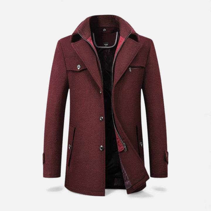 Men's classic wool business overcoat in black, perfect for winter warmth and professional attire.