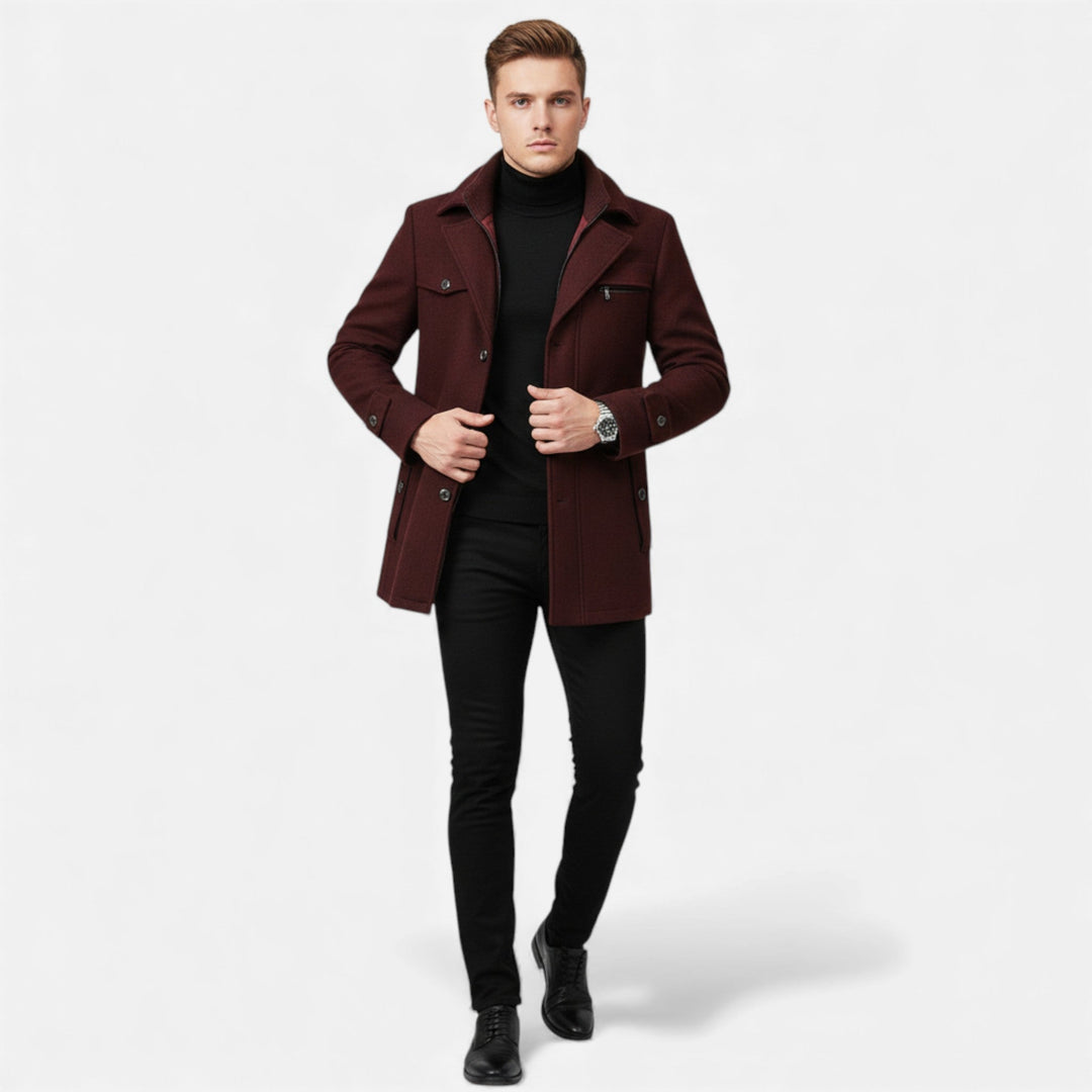 Tailored fit men's winter coat, a timeless business overcoat in charcoal grey.