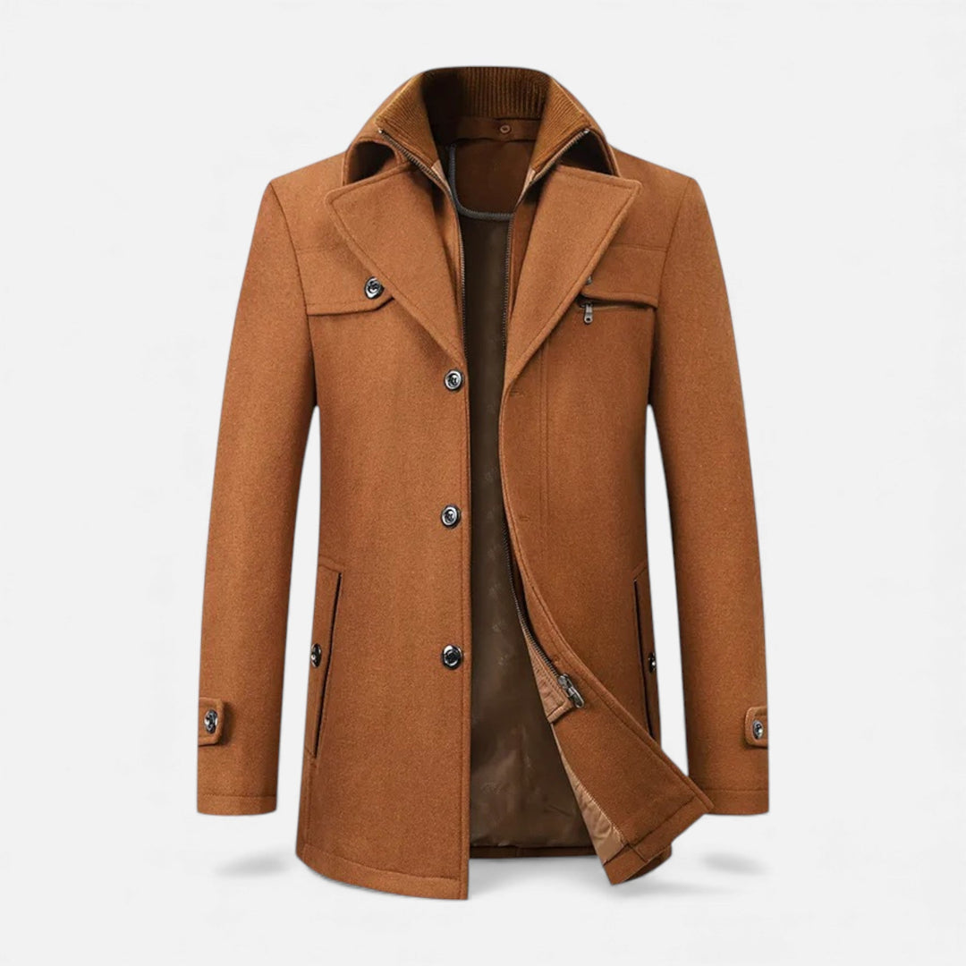 Stay warm this winter with a classic men's wool business overcoat, featuring a sophisticated design.