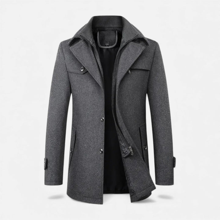 Men's wool business overcoat in navy blue, offering timeless style and essential winter warmth.