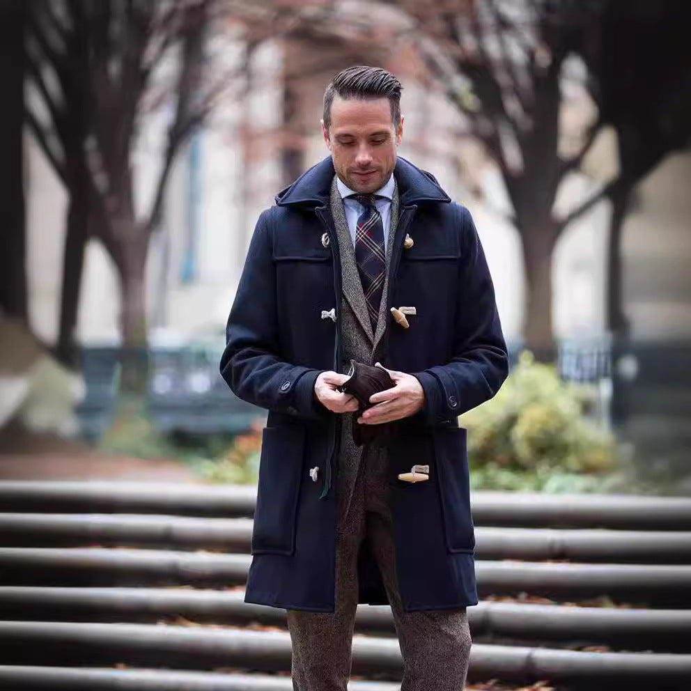 Men's classic wool duffle coat in beige with toggle buttons