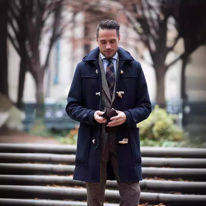 Men's classic wool duffle coat in beige with toggle buttons