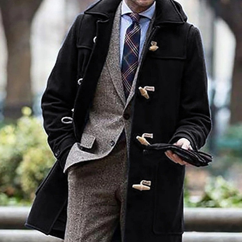 Timeless men's outerwear: beige wool duffle coat with wooden toggles