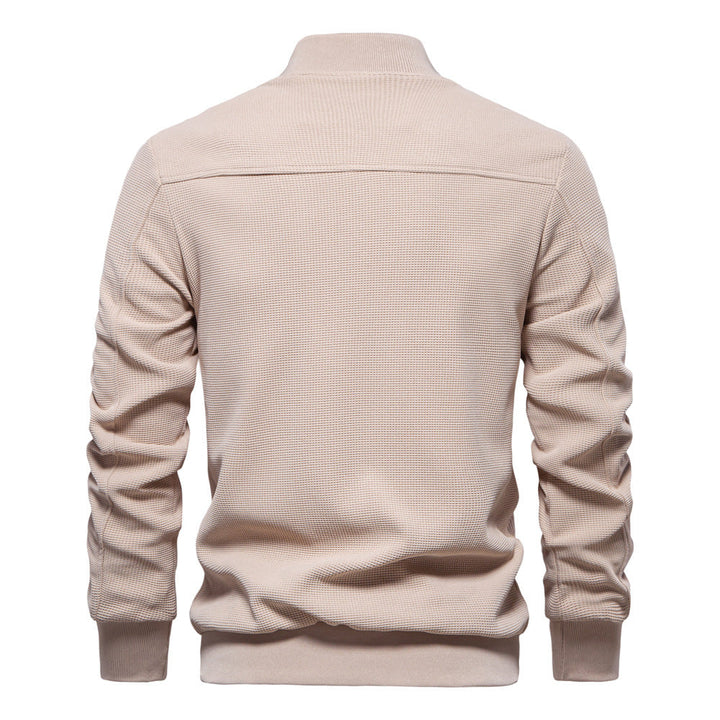 Effortlessly cool men's zip-up bomber jacket, a must-have piece for modern fall and spring fashion.
